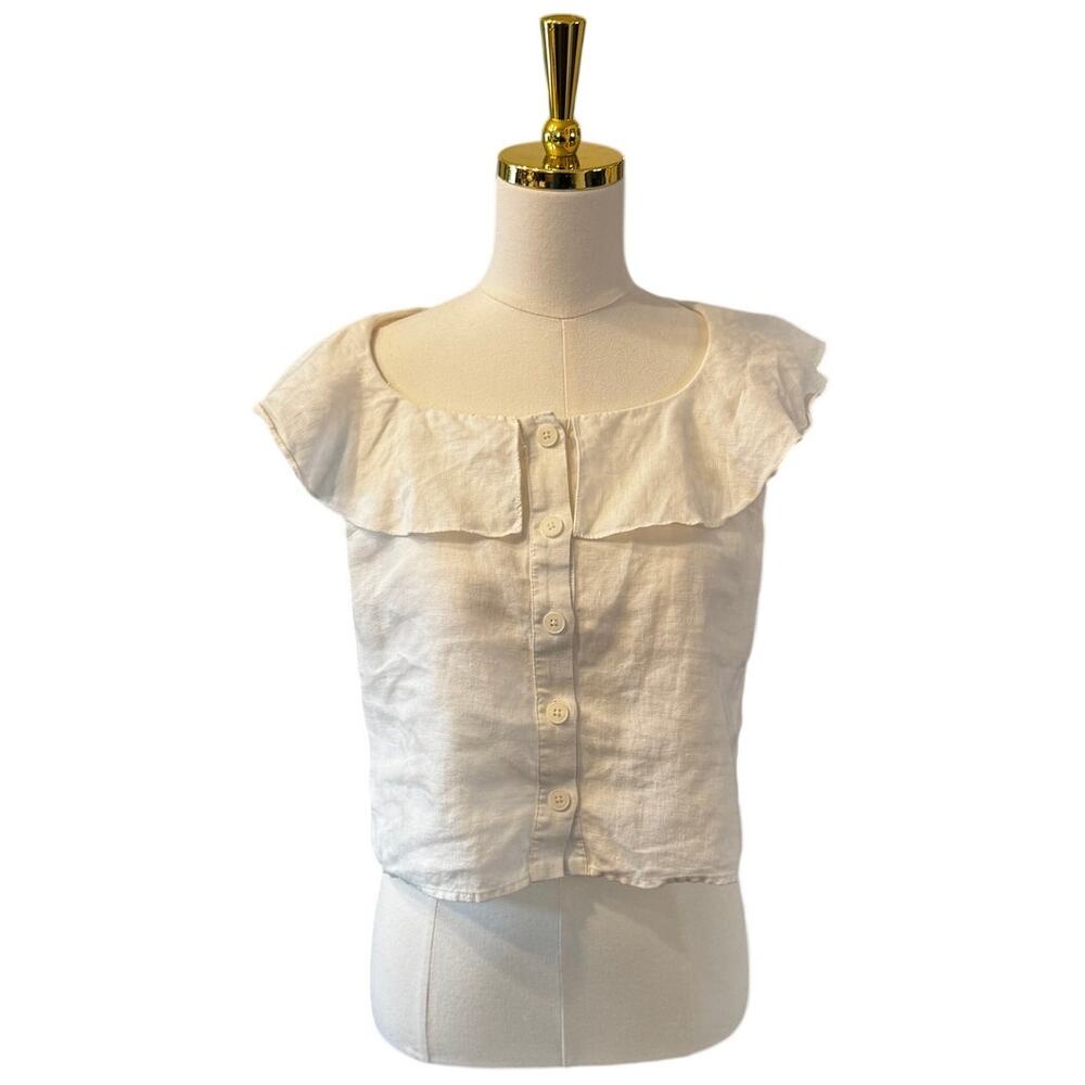 Sea New York White 100% Linen Cape Collar Ruffle Button Front Blouse Size 4 - Picture 2 of 7